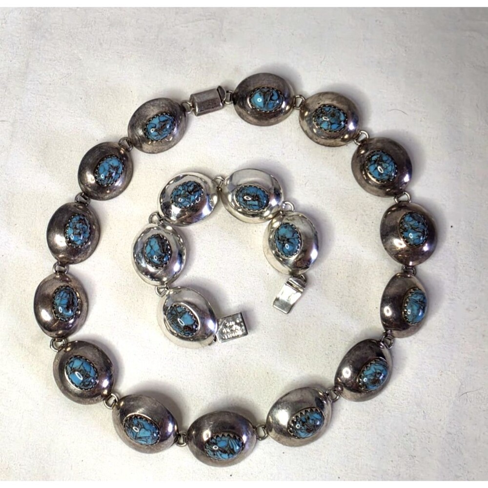 Vintage Mexico Concho Turquoise Sterling Silver 925 Necklace and Bracelet Set